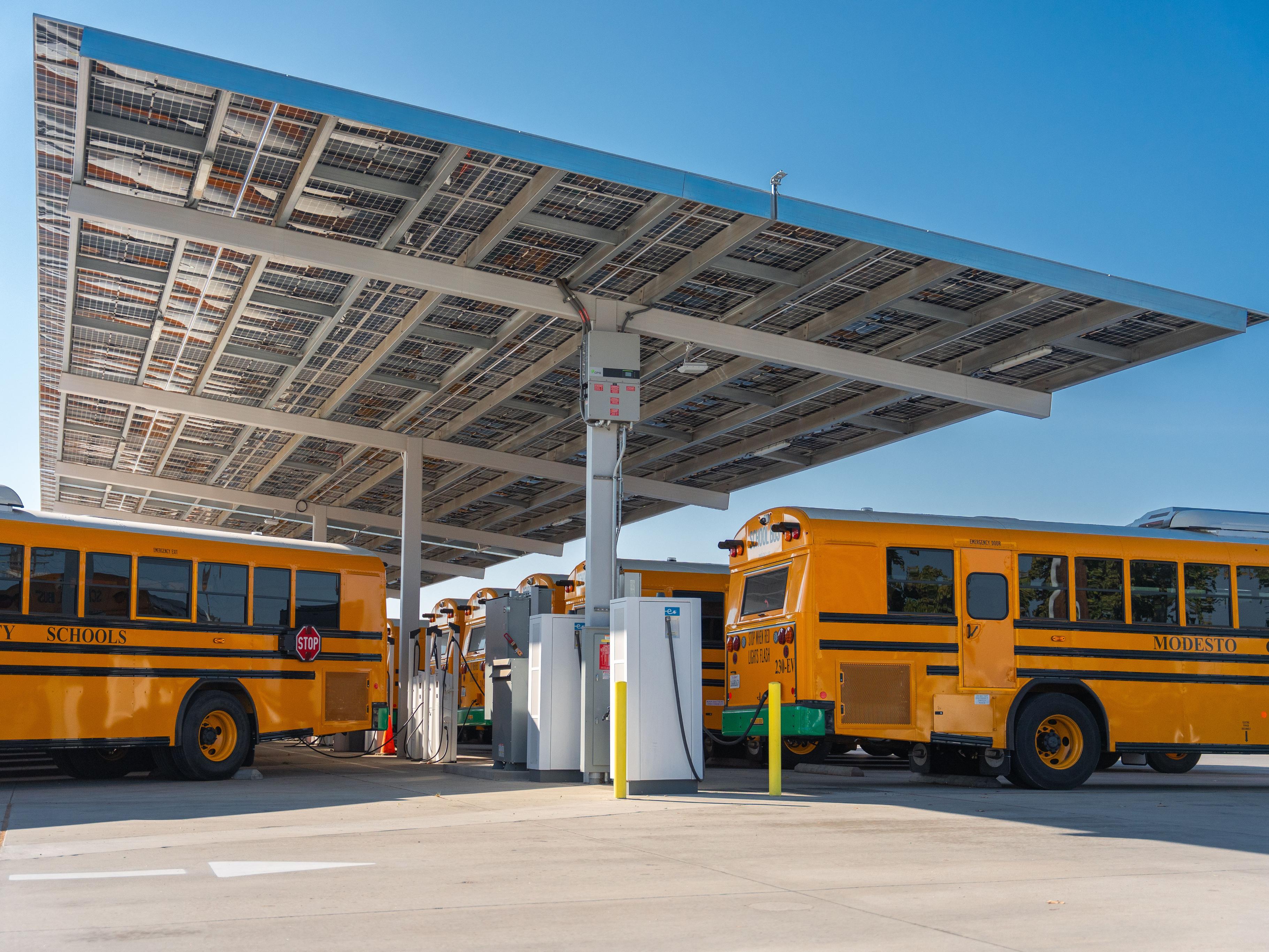 School buses charging at Modesto depot