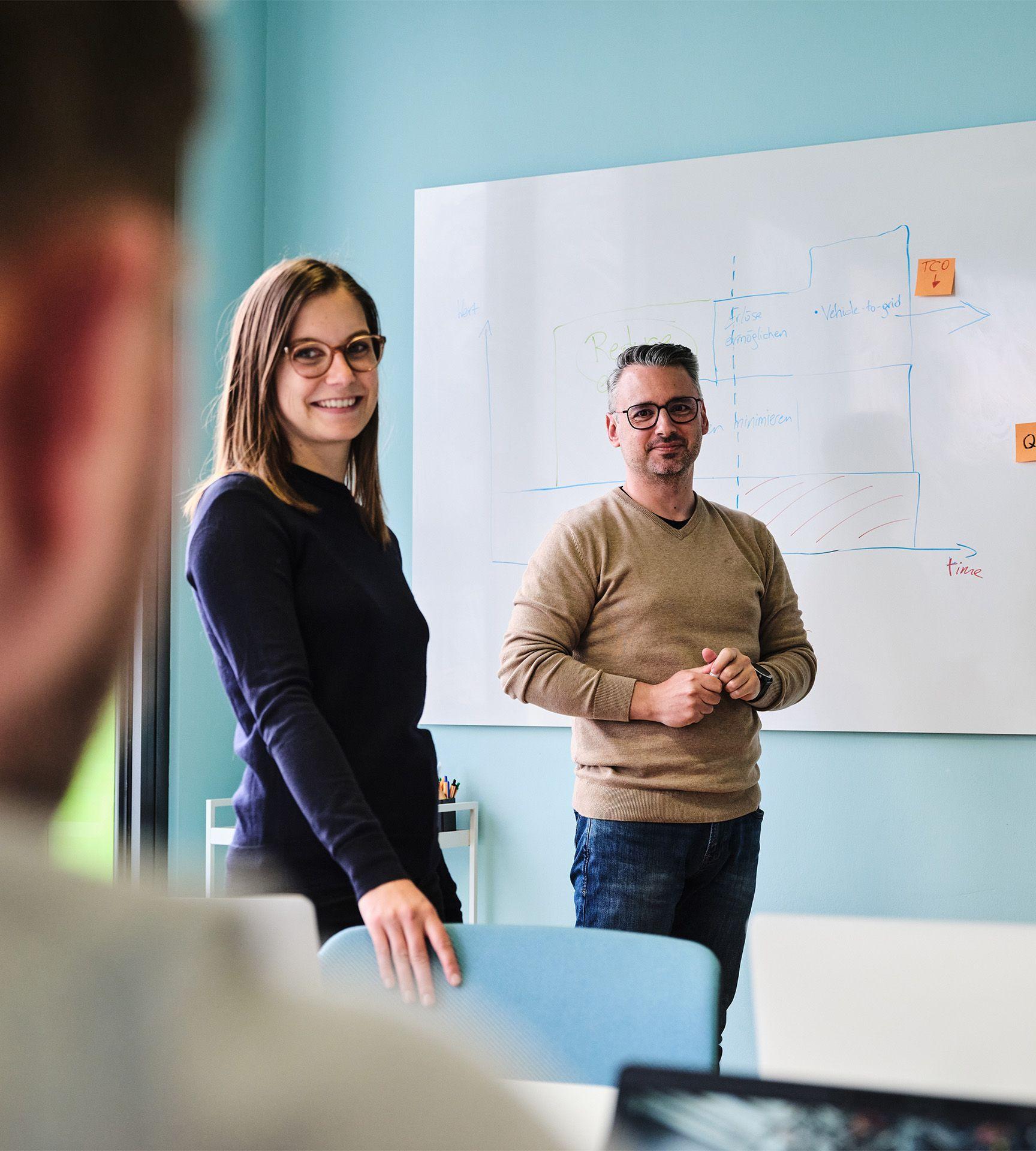 Drei Personen arbeiten an einem Whiteboard