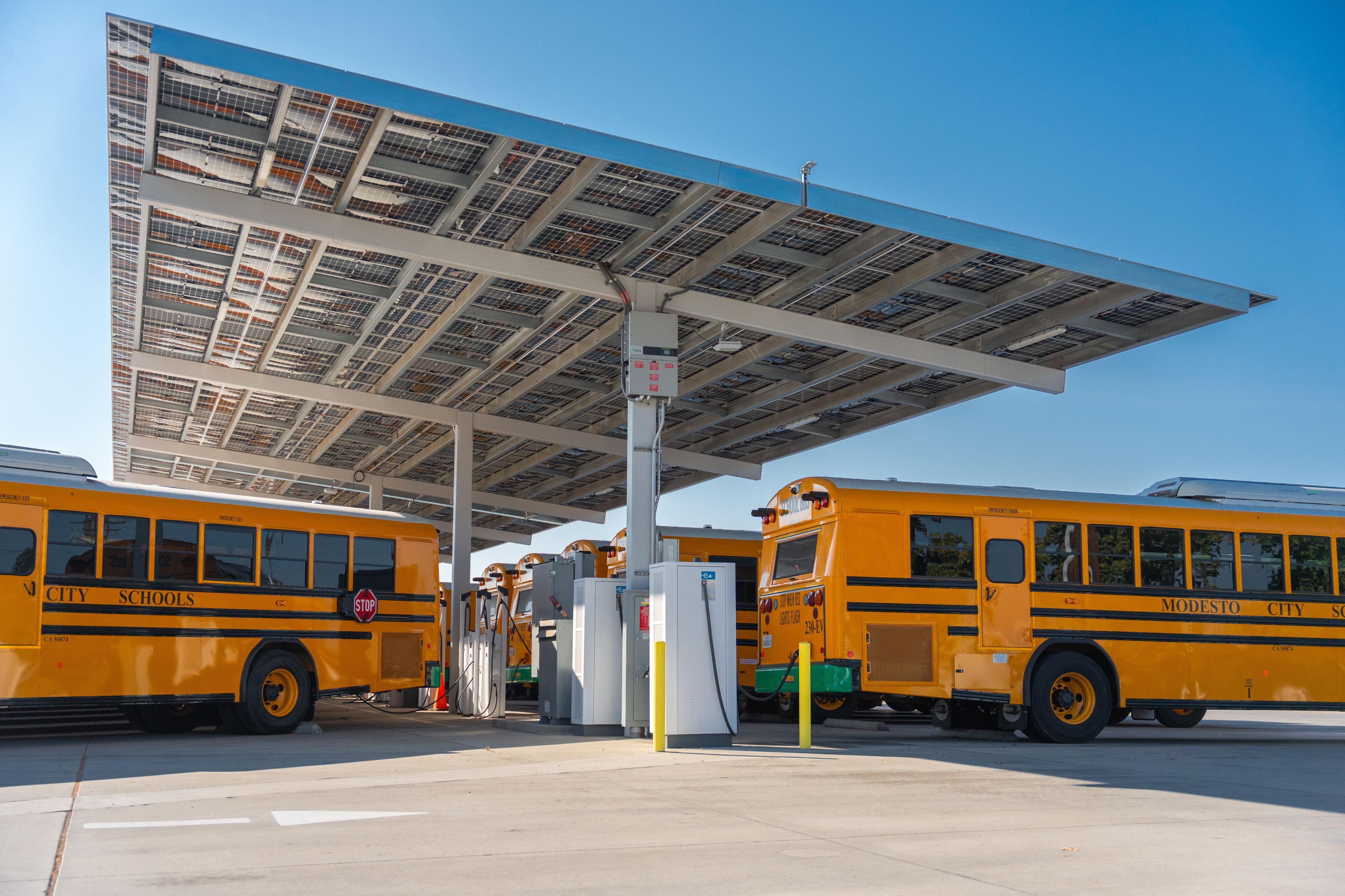 School buses charging at Modesto depot